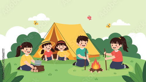 Group of happy children enjoying a camping trip in the woods with a yellow tent and a cozy campfire while boiling water in a kettle.