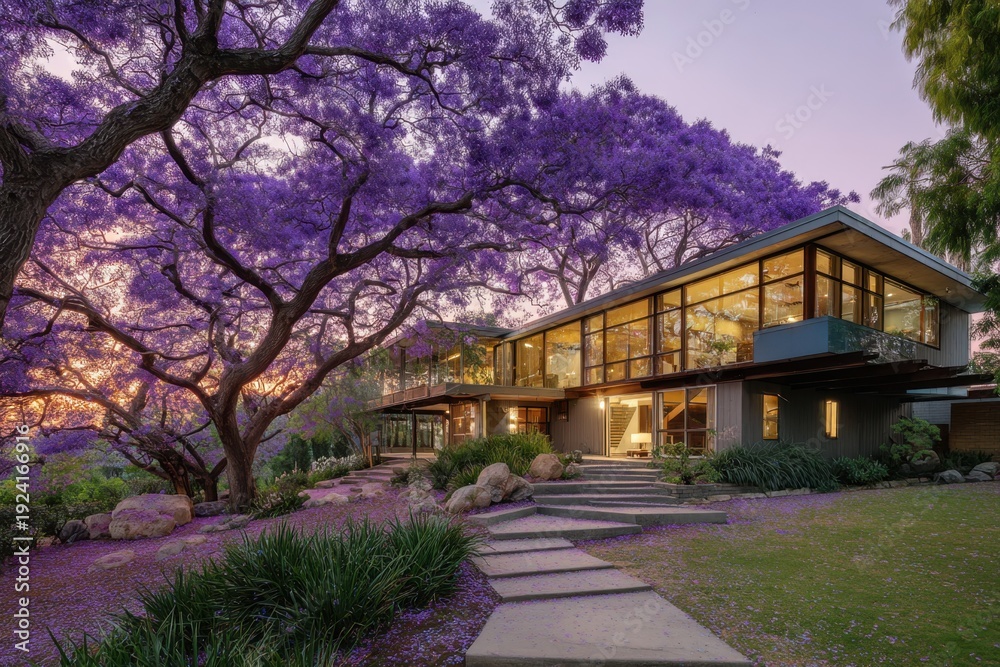 Fototapeta premium Modern luxury house surrounded by blooming jacaranda trees at dusk