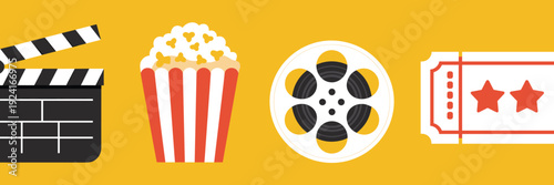Cinema Movie Icons Set Illustration, Popcorn, Film Reel, Clapperboard and Tickets, Flat Vector Entertainment Design on Yellow Background