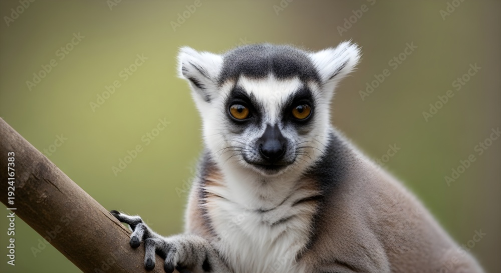Obraz premium A ring-tailed lemur perches on a branch, looking directly at the camera with its distinctive markings and large eyes.