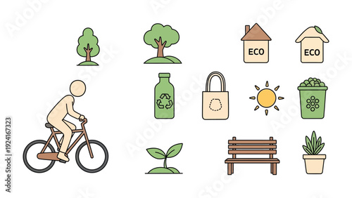 Eco-Friendly Lifestyle: An illustration depicting various eco-friendly elements, encompassing nature, sustainable living, and environmental consciousness. 