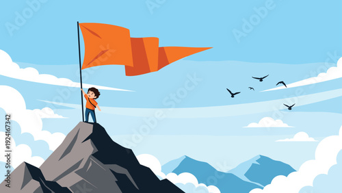 Determined young boy reaches the mountain summit and plants a large orange flag symbolizing success, achievement, and leadership.