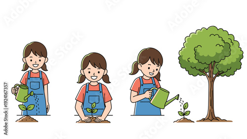 Educational sequence depicting a young girl planting a sprout and nurturing it until it becomes a fully grown green tree.