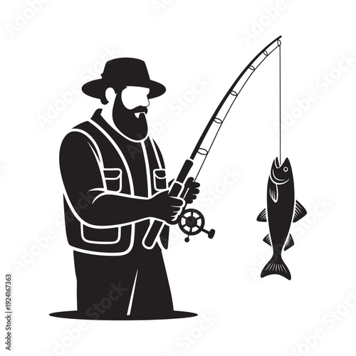 A stylized black and white illustration of a fisherman with a caught fish