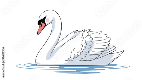 Graceful white swan floats peacefully on blue water with elegant neck curves and detailed feather textures against a plain background.