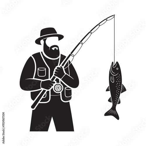 A stylized depiction of a fisherman with a caught fish