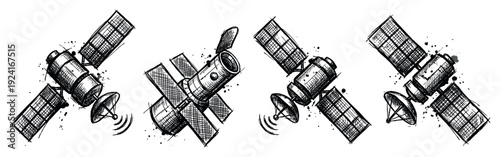 Set of four hand-drawn satellite illustrations in a sketchy ink wash style, featuring a space telescope and communication spacecraft with dish antennas and solar panels