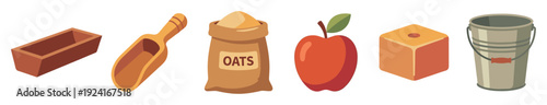 Set of six illustrated farm items including a feeding trough, wooden scoop, sack of oats, red apple, salt lick, and metal bucket in a simple, flat cartoon style