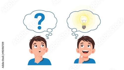 Boy transitions from a state of confusion to having a bright idea as shown by a question mark and a glowing light bulb symbol.