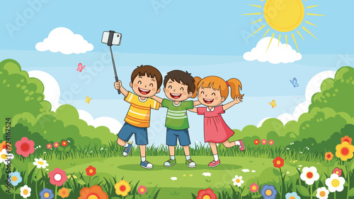 Group of three happy friends take a selfie using a selfie stick while enjoying a sunny day in a colorful flower park with butterflies.