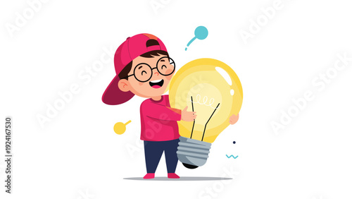 Energetic young boy with glasses and a pink cap joyfully hugs a large glowing light bulb symbolizing a big creative idea and success.