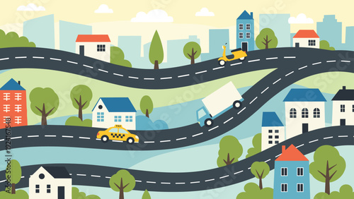 Colorful urban landscape featuring winding black roads, houses with red and blue roofs, and various city vehicles like taxis and trucks.