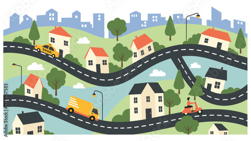 Vibrant city street scene with cars, a truck, and a scooter navigating winding roads through a colorful neighborhood of houses.