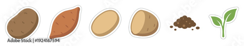 Set of potato and farming icons showing different types of root vegetables, soil, and a green sprout in a simple, flat vector illustration style for agricultural concepts