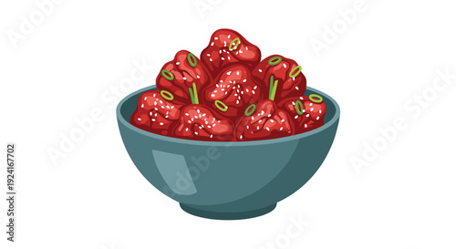A perspective vector illustration features a dark teal bowl filled with red glazed chicken pieces garnished with sesame seeds and green onions.