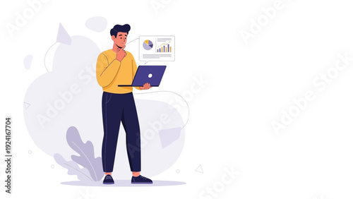 Man analyzing charts on laptop, business strategy planning, data visualization