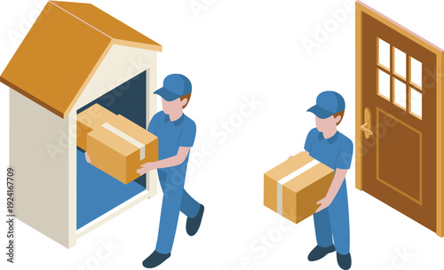 Isometric delivery service illustration featuring courier carrying cardboard box to house and doorstep with open door concept
