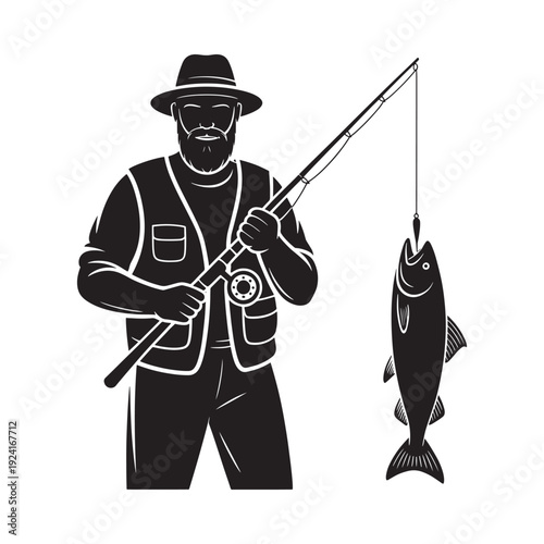 A vintage illustration of a fisherman holding a caught fish