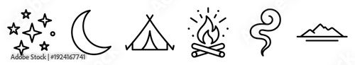 Minimalist set of black linear icons depicting a night camping scene with stars, a crescent moon, a tent, a bonfire, a wisp of smoke, and a mountain silhouette