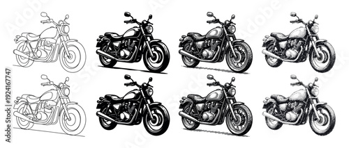 Collection of classic motorcycle illustrations showcasing various artistic techniques including line art, silhouette, detailed engraving, and stippling dotwork