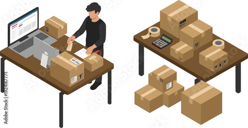 Isometric ecommerce packaging illustration with online seller preparing shipping boxes, printing labels and managing order fulfillment process