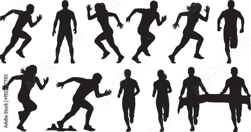 Dynamic silhouettes of people running and jogging isolated on transparent background, Vector, illustration