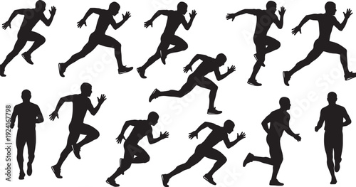 Dynamic silhouettes of people running and jogging isolated on transparent background, Vector, illustration