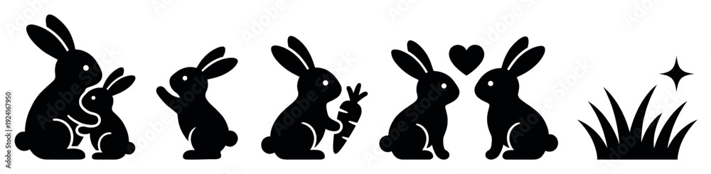 Fototapeta premium Black rabbit silhouette icon set showing various cute poses including a mother and baby, a bunny with a carrot, and a couple in love with a heart symbol