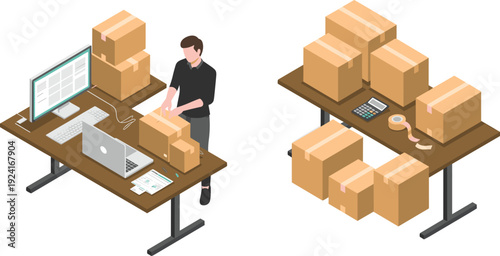 Isometric online store packaging illustration with ecommerce seller preparing cardboard boxes for shipping and order fulfillment process