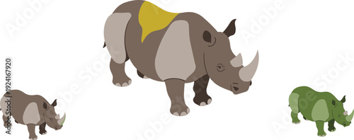 Isometric rhinoceros vector illustration set, minimalist wildlife rhino animal safari icon collection