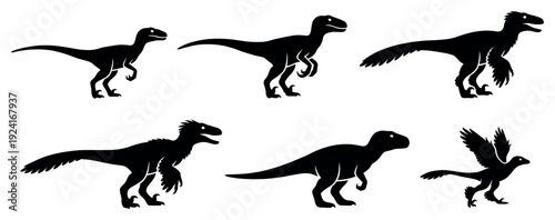 Set of black dinosaur raptor silhouettes in various dynamic poses showing feathered and smooth prehistoric predators in a graphic vector style illustration