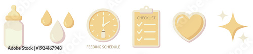 Collection of newborn feeding schedule icons featuring a milk bottle, clock, checklist, and heart in a gentle pastel color palette for childcare and parenting themes