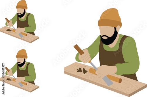 Isometric woodworking illustration with bearded carpenter using chisel to carve wooden board in professional workshop environment