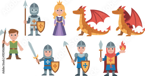 Medieval fantasy cartoon character vector set, knights princess dragons warrior shield sword illustration collection
