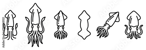 Set of six squid icons drawn in a minimalist black line art style, showing different poses and variations of the marine animal for graphic design elements