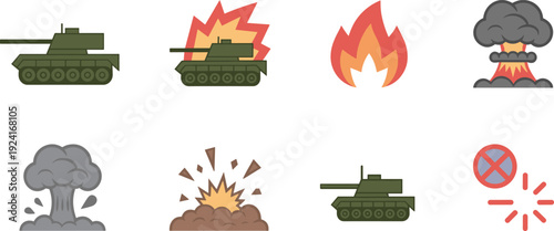 Military war flat icon set vector illustration, tanks explosion fire smoke nuclear blast battlefield army symbols