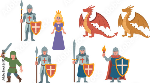 Medieval fantasy character vector set, knight princess dragons warrior sword shield cartoon illustration collection