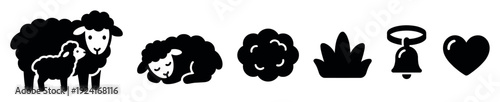 Set of black silhouette farm icons featuring a mother sheep with her lamb, a sleeping sheep, a bush, grass, a bell, and a heart symbol for a cute animal theme