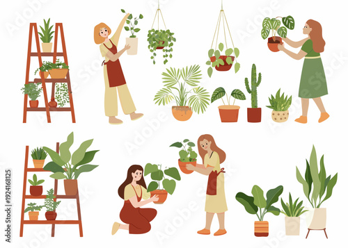 Women tending to various houseplants indoors with shelves and hanging planters