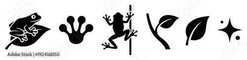 Set of black graphic frog icons featuring an amphibian on a leaf, a climbing frog, a paw print, a plant stem, and a sparkle symbol in a minimalist vector illustration style