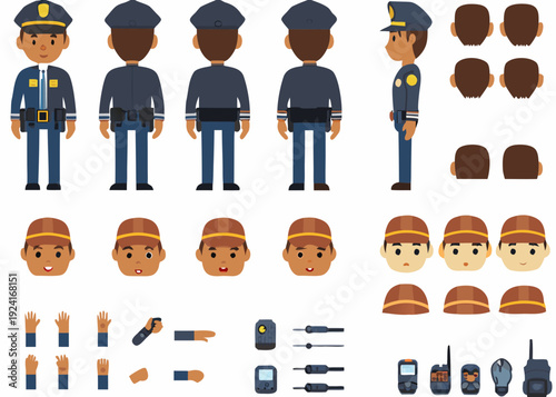 Police officer character design sheet with various poses and accessories