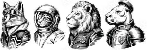 Anthropomorphic Animal Portrait Illustration Set, Fox Aviator, Cat Astronaut, Lion Officer and Hippo Captain, Vintage Engraving Vector ArtAnthropomorphic Animal Portrait Illustration Set, Fox Aviator,