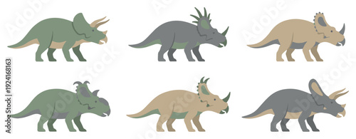 Collection of six horned dinosaur illustrations in a flat vector style, featuring various ceratopsian species in muted green, grey, and beige earth tones