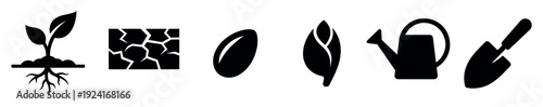 Set of black gardening icons showing plant growth stages and tools, including a sprout with roots, dry soil, a seed, a bud, a watering can, and a trowel for planting