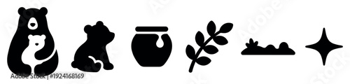 Set of black minimalist silhouette icons featuring a mother bear with her cub, a sitting baby bear, a honey pot, a leafy branch, grass, and a sparkling star