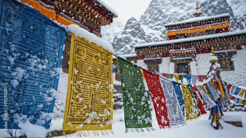 Colorful Prayer Flags Covered In Snow Fluttering In The Wind With Distant Mountains And A Monastery
