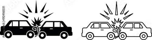 Two cars colliding in a stylized black and white vector illustration depicting impact, crash, and road accident scene.