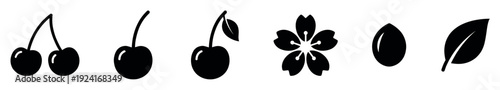 Six black silhouette icons of cherry elements, including the fruit, a five-petal blossom, a seed, and a leaf, presented in a minimalist and modern graphic design set