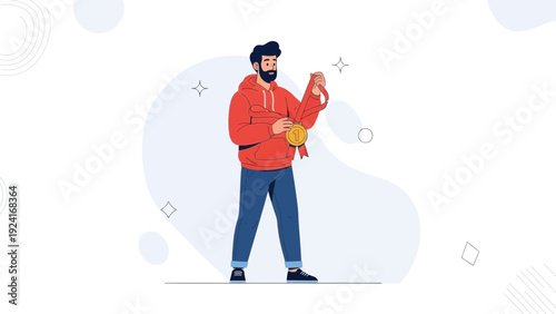 Happy Man Holding Gold Medal, Celebrating Victory and Achievement