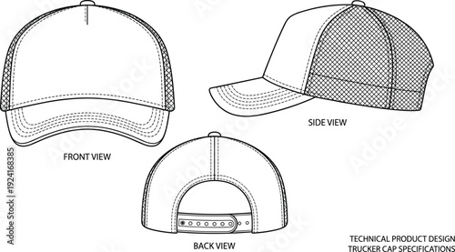 Trucker Cap Technical Drawing Blueprint, Front Side and Back View, Mesh Snapback Hat Design Template Vector Illustration for Apparel Production